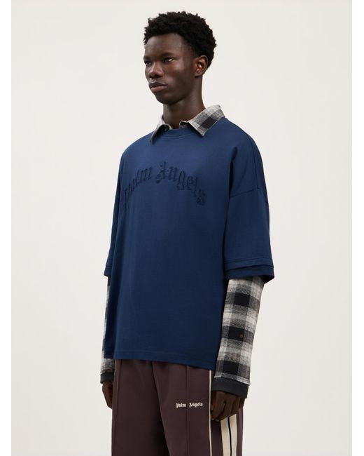 Palm Angels Blue Curved Logo Loose Double T-Shirt for men