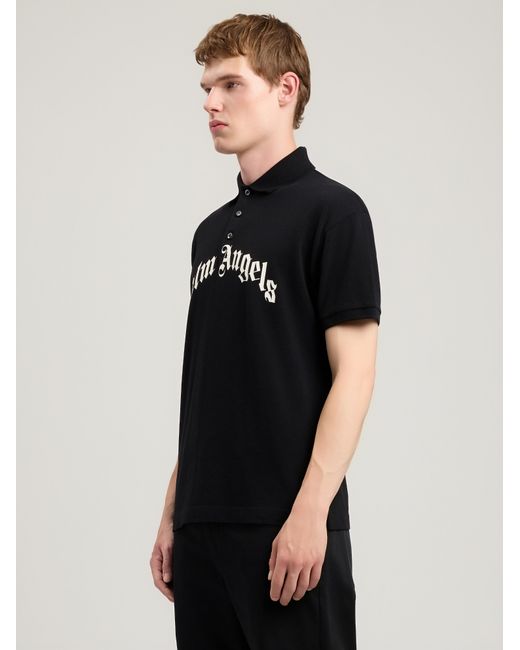 Palm Angels Black Curved Logo Polo Shirt for men