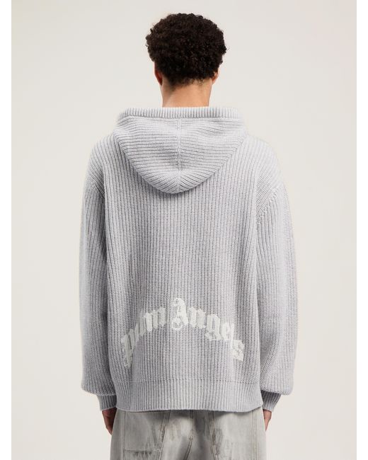 Palm Angels White Curved Logo Rib Knit Hoodie Melange for men