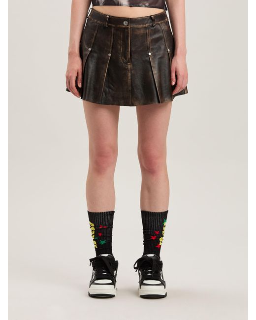 Palm Angels Black Curved Logo Lea Pleated Skirt