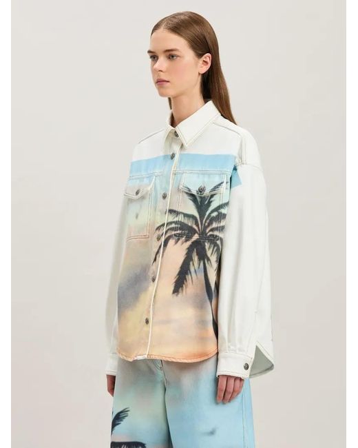 Palm Angels Blue Sunrise Palm Denim Overshirt Off