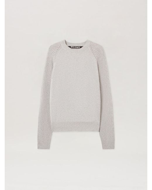Palm Angels White Curved Logo Ribbed Sweater Melange for men