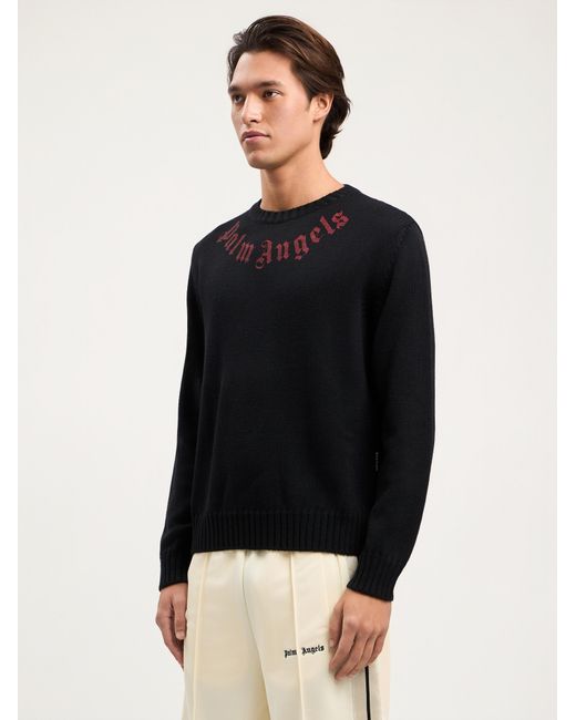Palm Angels Black Curved Logo Knit Sweater for men