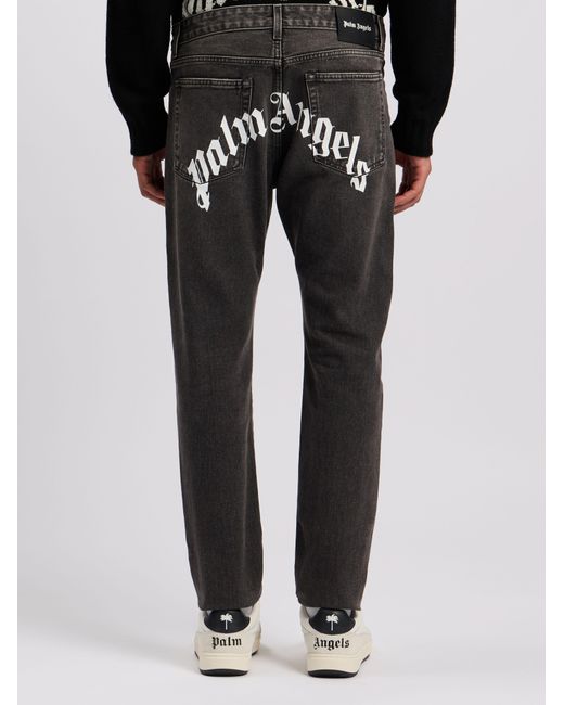Palm Angels Gray Curved Logo Denim Jeans for men