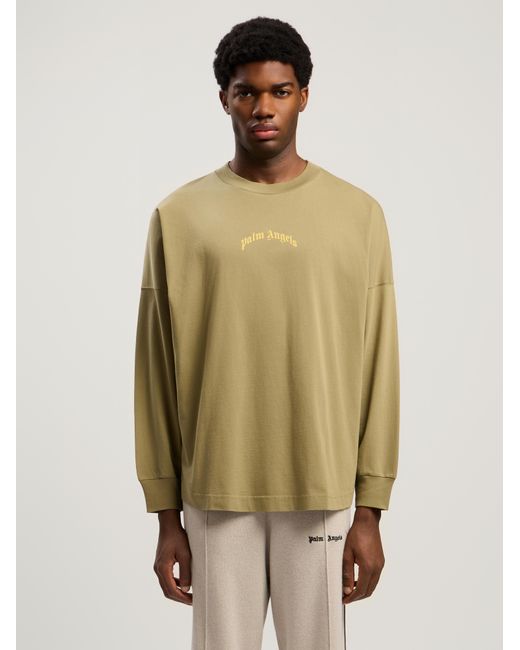 Palm Angels Natural Curved Logo Long Sleeve T-Shirt Army for men