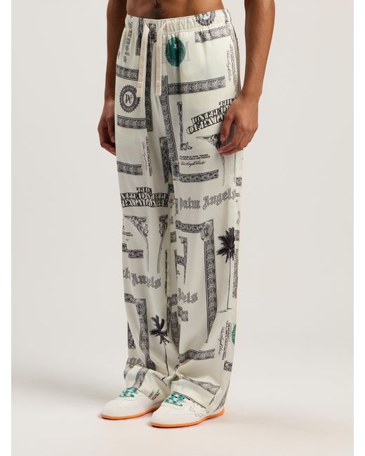 Palm Angels White Dollar Print Wide-Leg Pants Ivory for men