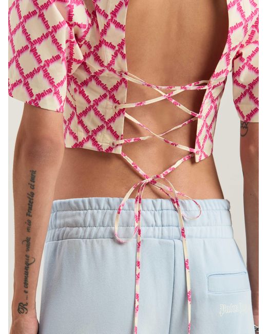 Palm Angels Pink Net Logo Crisscrossed Shirt Ivory