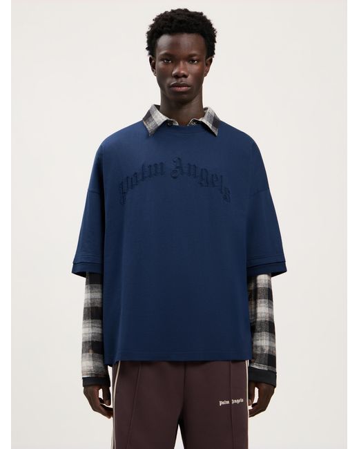 Palm Angels Blue Curved Logo Loose Double T-Shirt for men