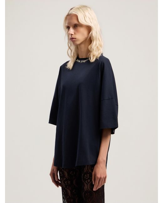 Palm Angels Blue Curved Logo Collar Over Tee Dark