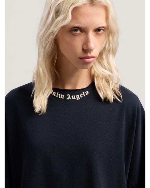 Palm Angels Blue Curved Logo Collar Over Tee Dark