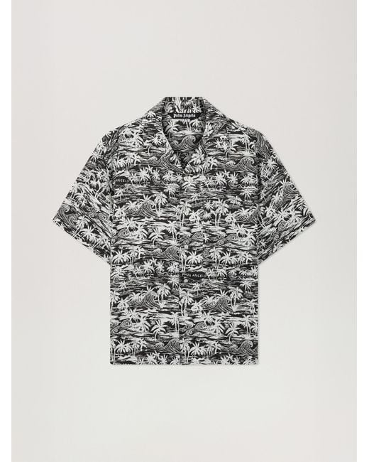 Palm Angels Gray Palm Waves Linen Bowling Shirt for men