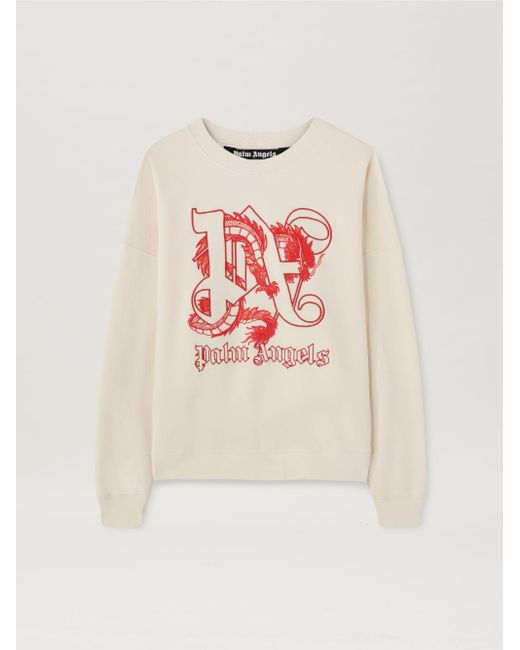 Palm Angels White Sweatshirt With Dragon for men