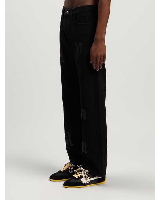 Palm Angels Black Logo Patch Straight Jeans for men
