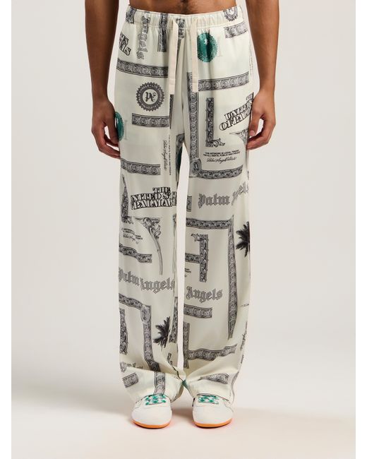 Palm Angels White Dollar Print Wide-Leg Pants Ivory for men