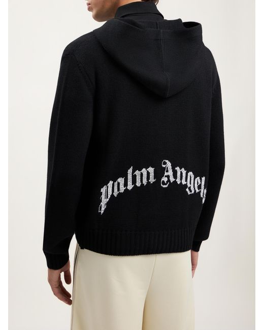 Palm Angels Black Curved Logo Knit Hoodie for men