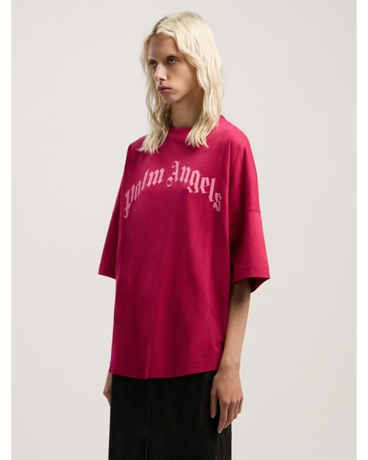 Palm Angels Pink Curved Logo Over T-Shirt Fuchsia