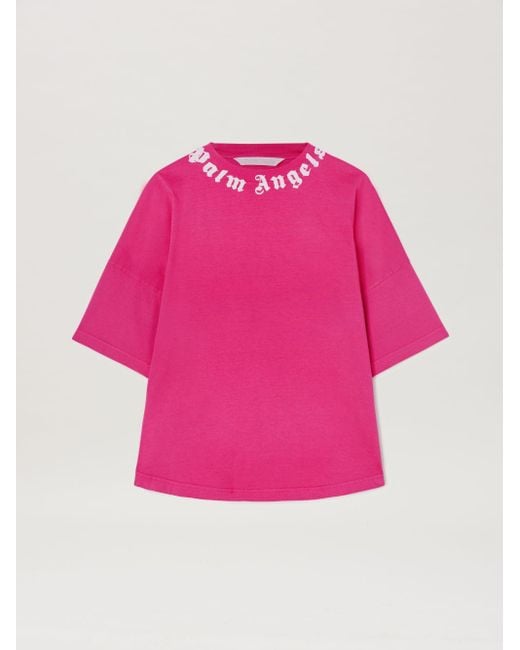 Palm Angels Pink Neck Logo Loose Fit T-Shirt