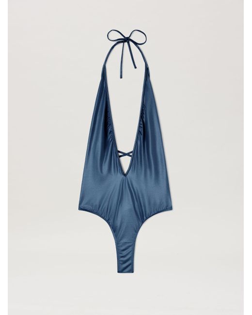 Palm Angels Blue Metallic V Neck Swimsuit