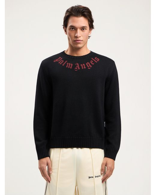 Palm Angels Black Curved Logo Knit Sweater for men