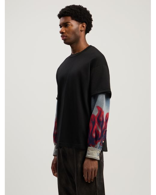 Palm Angels Black Flames Hybrid Long-Sleeve Shirt for men