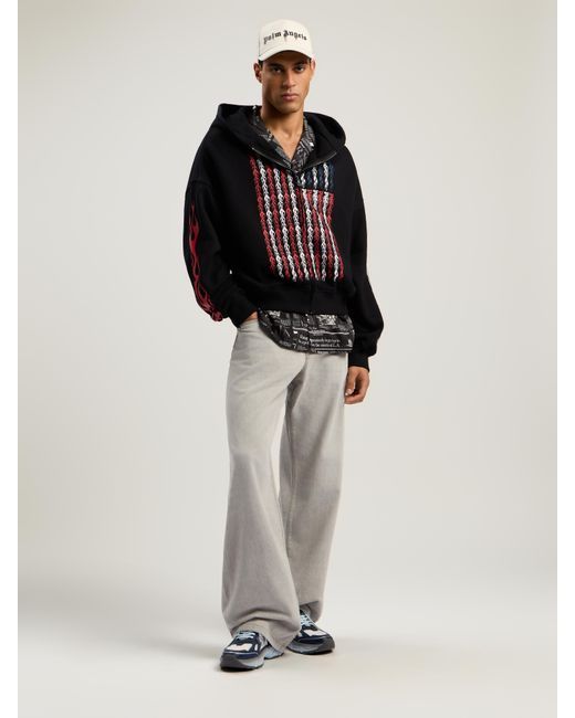 Palm Angels Black Flames Flag Zip Hoodie for men