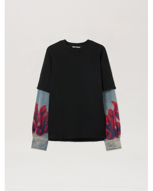 Palm Angels Black Flames Hybrid Long-Sleeve Shirt for men