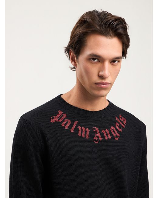 Palm Angels Black Curved Logo Knit Sweater for men