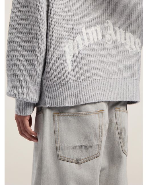 Palm Angels White Curved Logo Rib Knit Hoodie Melange for men