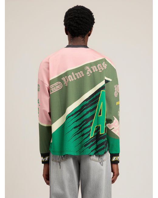 Palm Angels Green Racing Loose Long-Sleeved T-Shirt for men