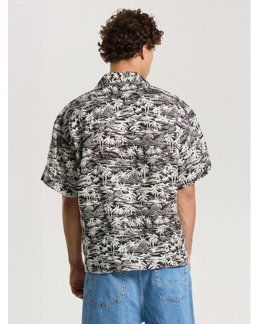 Palm Angels Gray Palm Waves Linen Bowling Shirt for men