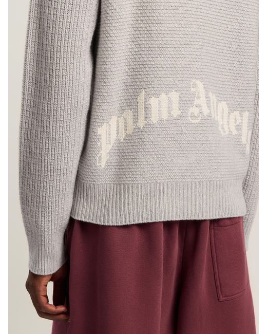Palm Angels White Curved Logo Ribbed Sweater Melange for men