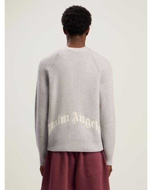 Palm Angels White Curved Logo Ribbed Sweater Melange for men