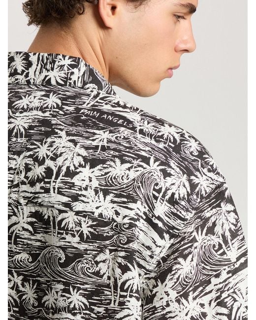 Palm Angels Gray Palm Waves Linen Bowling Shirt for men