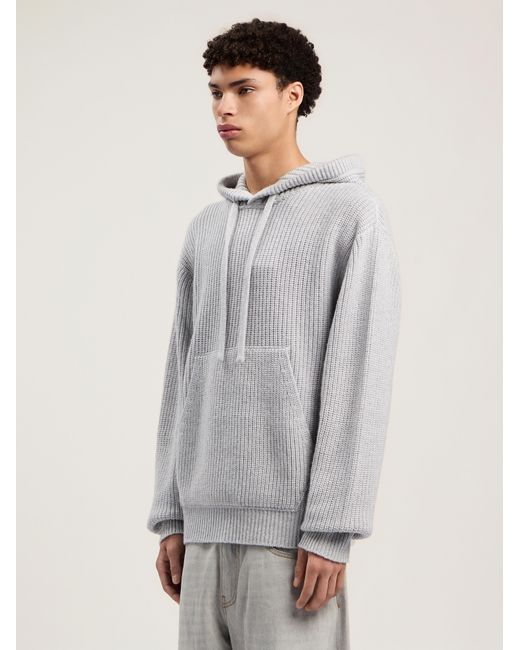 Palm Angels White Curved Logo Rib Knit Hoodie Melange for men