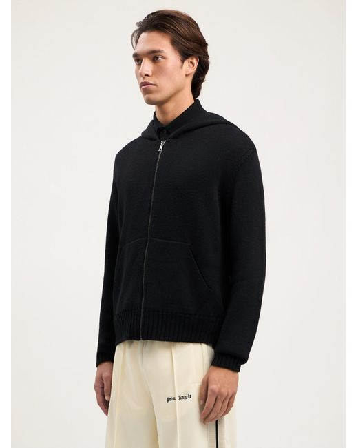 Palm Angels Black Curved Logo Knit Hoodie for men