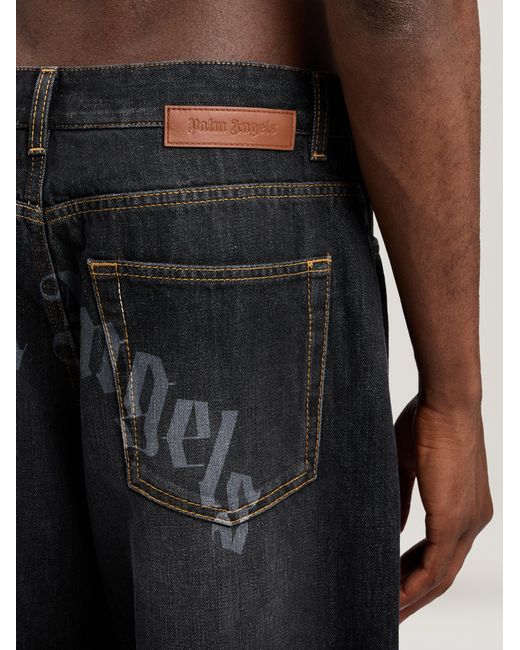 Palm Angels Blue Curved Logo Loose Jeans for men