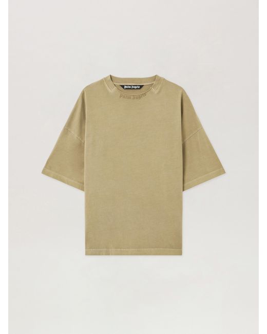 Palm Angels Men's Natural Curved Logo Loose Collar T-Shirt Army