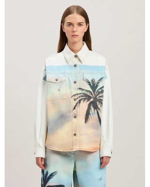 Palm Angels Blue Sunrise Palm Denim Overshirt Off