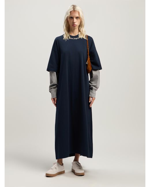 Palm Angels Blue Curved Logo Layered Dress Dark