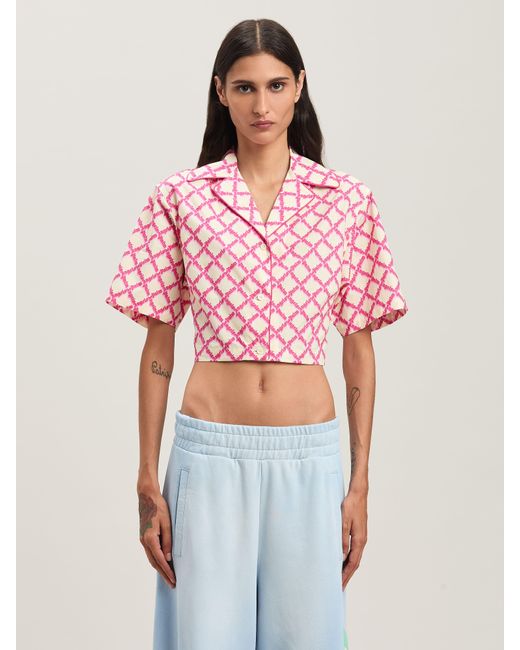 Palm Angels Pink Net Logo Crisscrossed Shirt Ivory