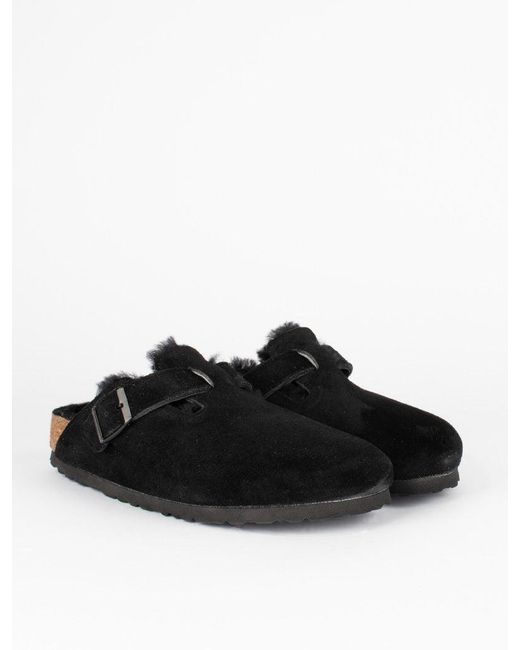 Birkenstock Suede Boston Shearling Narrow Slipper in Black | Lyst