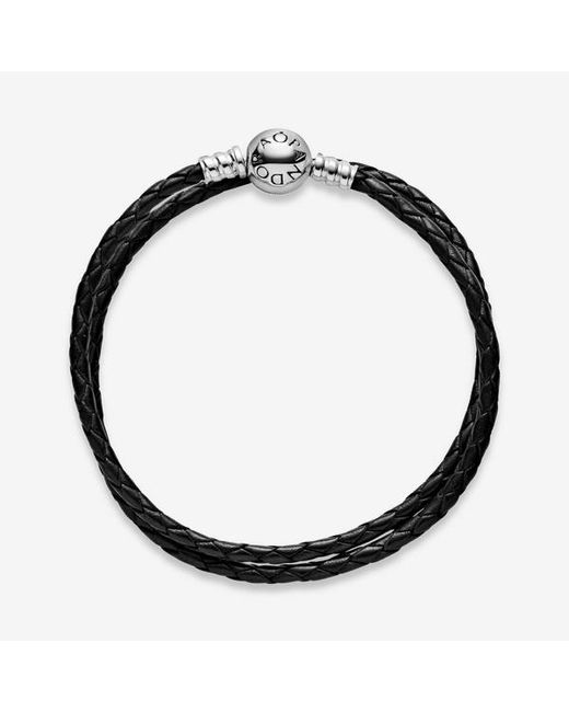 Pandora Moments Sterling Silver And Leather Black Leather Bracelet For Charms