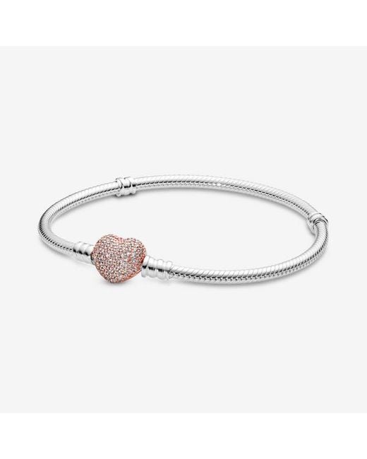 Pandora Metallic Pavé Heart Clasp Snake Chain Bracelet