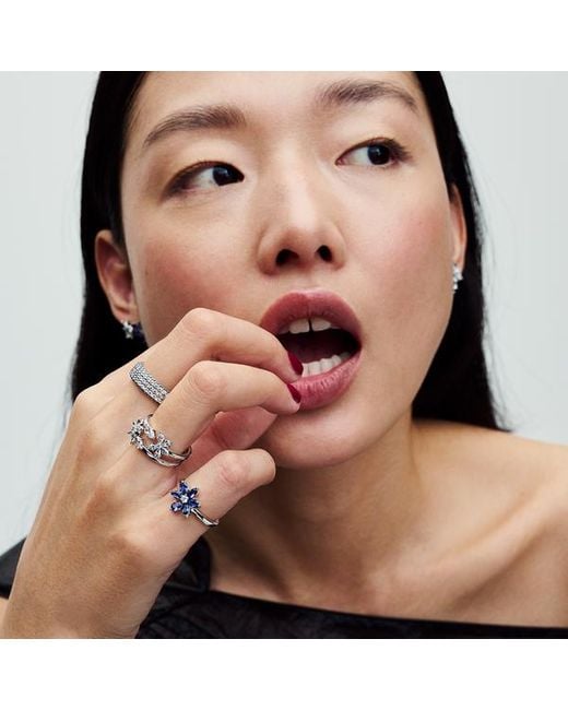 Pandora Timeless Herbarium Cluster Sterling Silver Ring With Princess Blue Crystal And Clear Cubic Zirconia