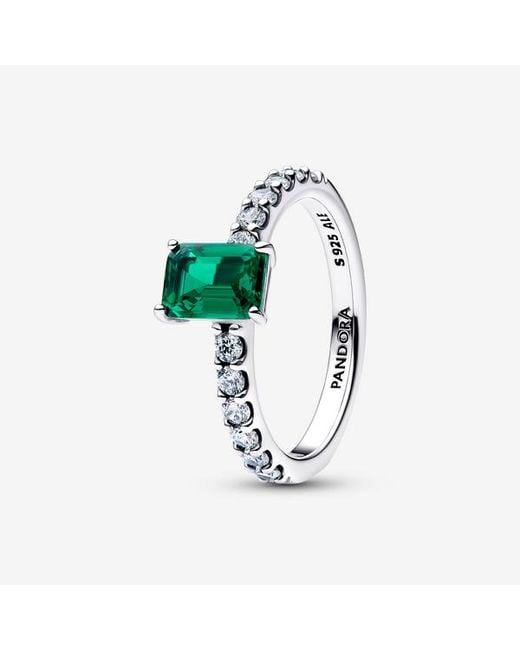 Pandora Green Rectangular Sparkling Halo Ring