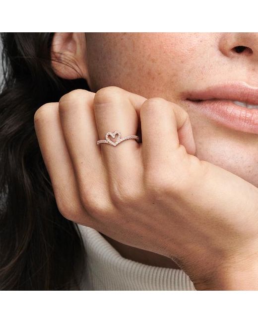 Pandora Metallic Sparkling Wishbone Heart Ring