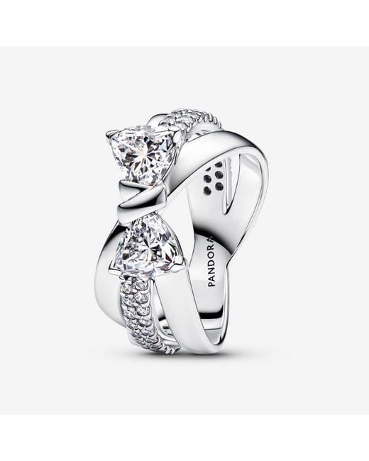 Pandora White Sparkling Bow Crossover Ring