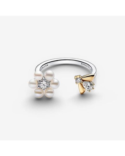 Pandora Metallic Bridgerton Bee & Treated Freshwater Cultured Pearl Flower Open Ring