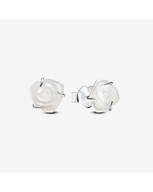 Pandora Metallic White Rose In Bloom Stud Earrings