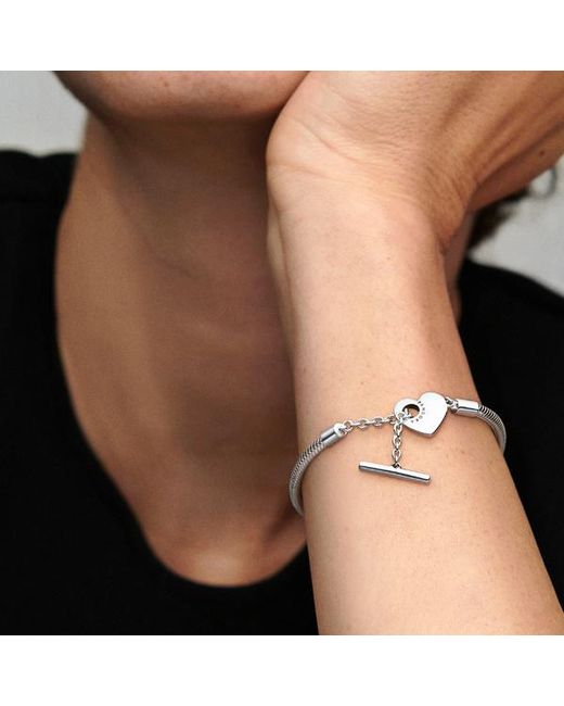 Pandora Metallic Moments Sterling Silver Heart T-bar Snake Chain Bracelet